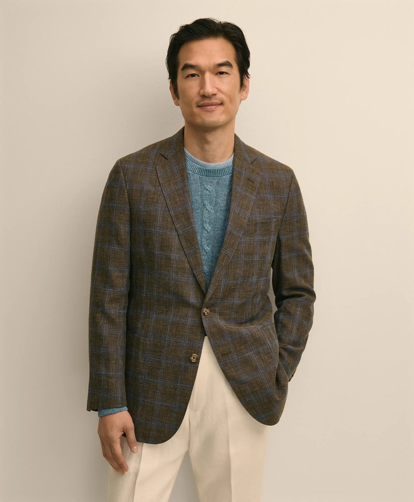 Brooks Brothers Men Classic Fit Linen-Cotton-Wool Hopsack Windowpane Sport Coat