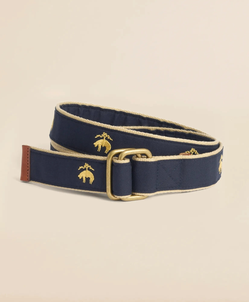 Brooks Brothers Men Embroidered Leather Tab D-Ring Belt