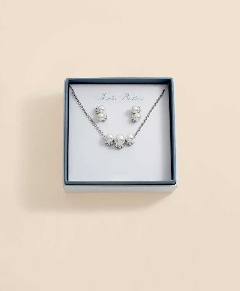 Brooks Brothers Women Faux Pearl Cubic-Zirconia Cluster Necklace and Earrings Set