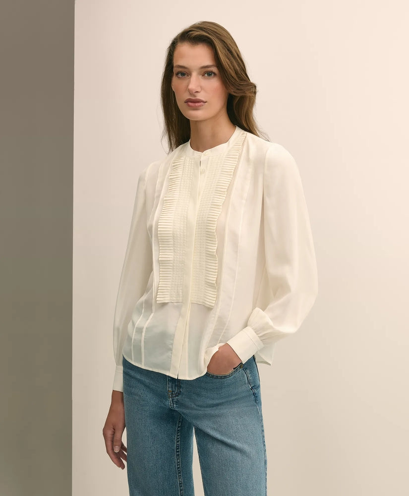 Brooks Brothers Sale Silk Haboti Pintucked Band-Collar Blouse
