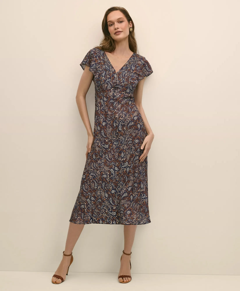 Brooks Brothers Sale Paisley Shimmer Ruffle-Front Chevron-Stripe Dress