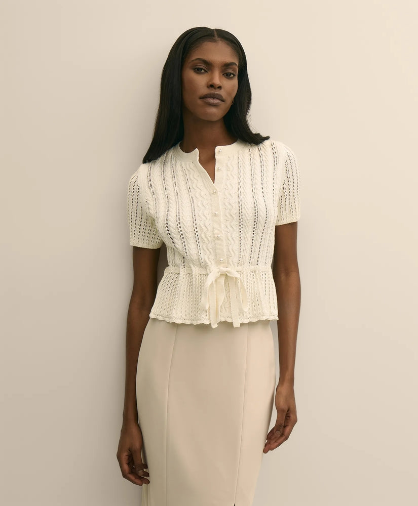 Brooks Brothers Women Short-Sleeve Pointelle Peplum Cardigan