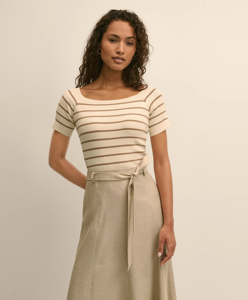 Brooks Brothers Women Silk Blend Ballet Neck Stripe Sweater