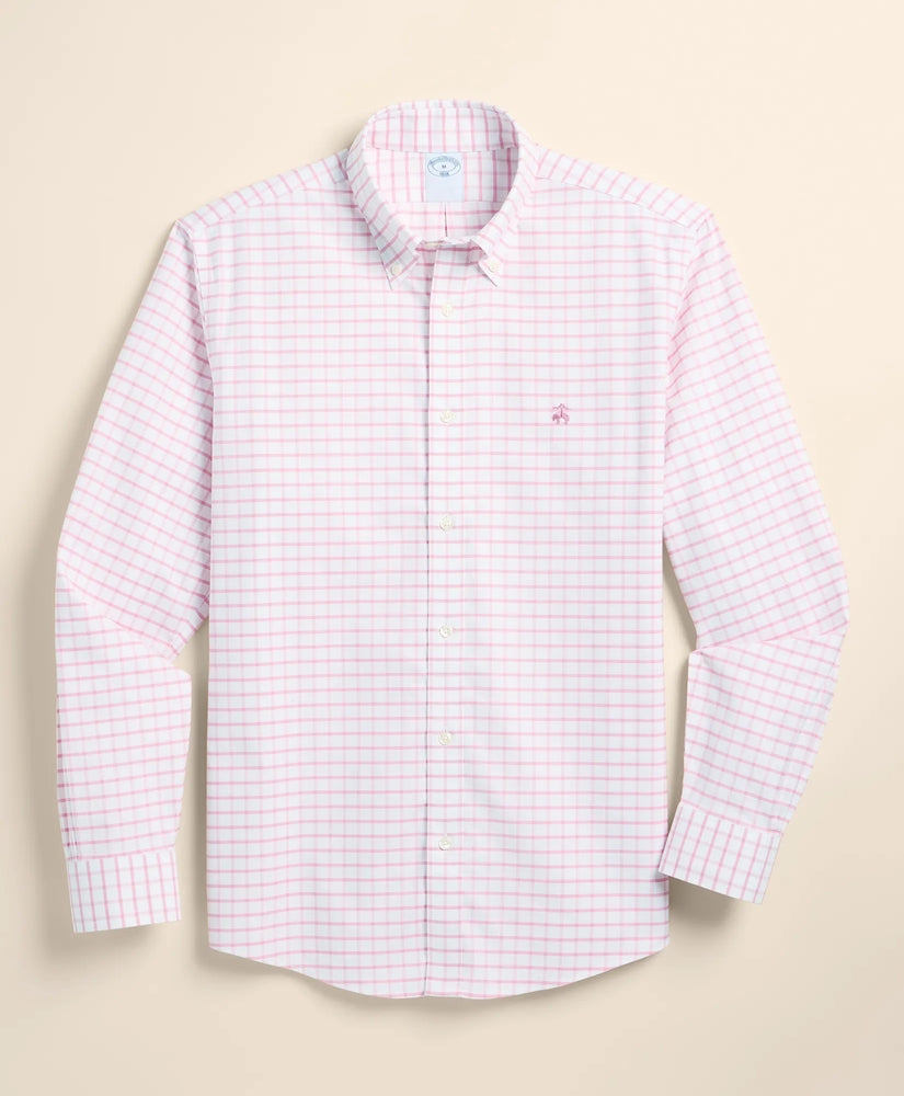 Brooks Brothers Men Stretch Cotton Non-Iron Oxford Polo Button Down, Windowpane Sport Shirt