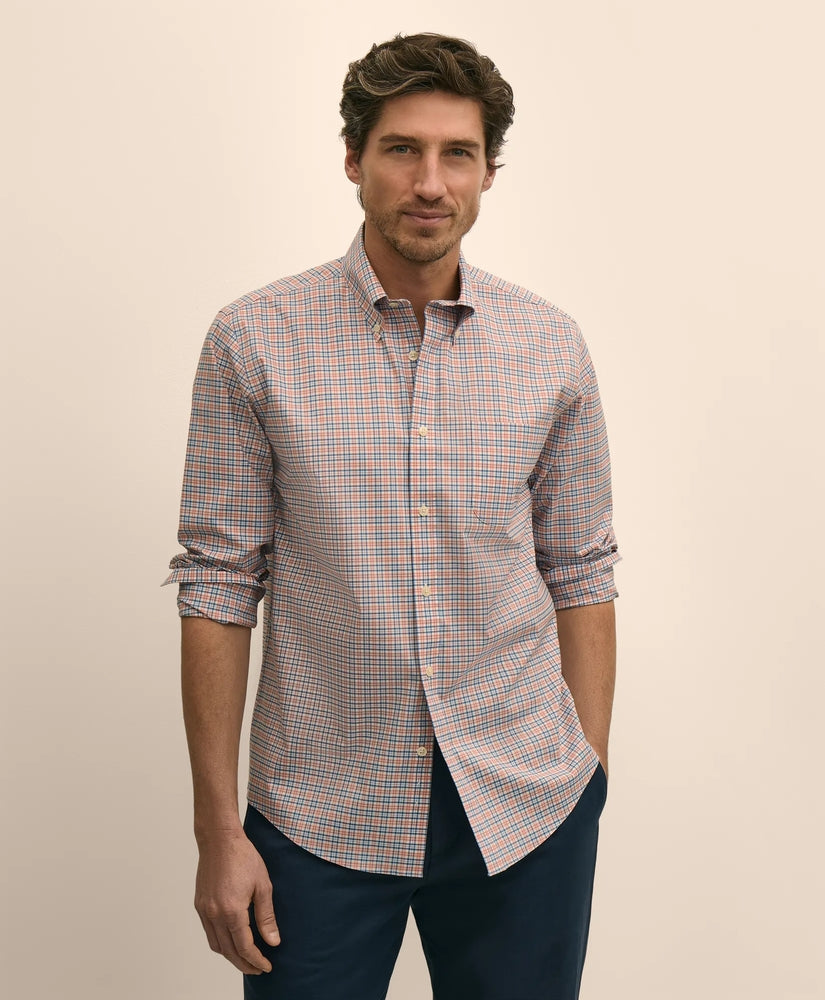 Brooks Brothers Men Stretch Cotton Non-Iron Broadcloth Polo Button-Down Collar, Check Sport Shirt