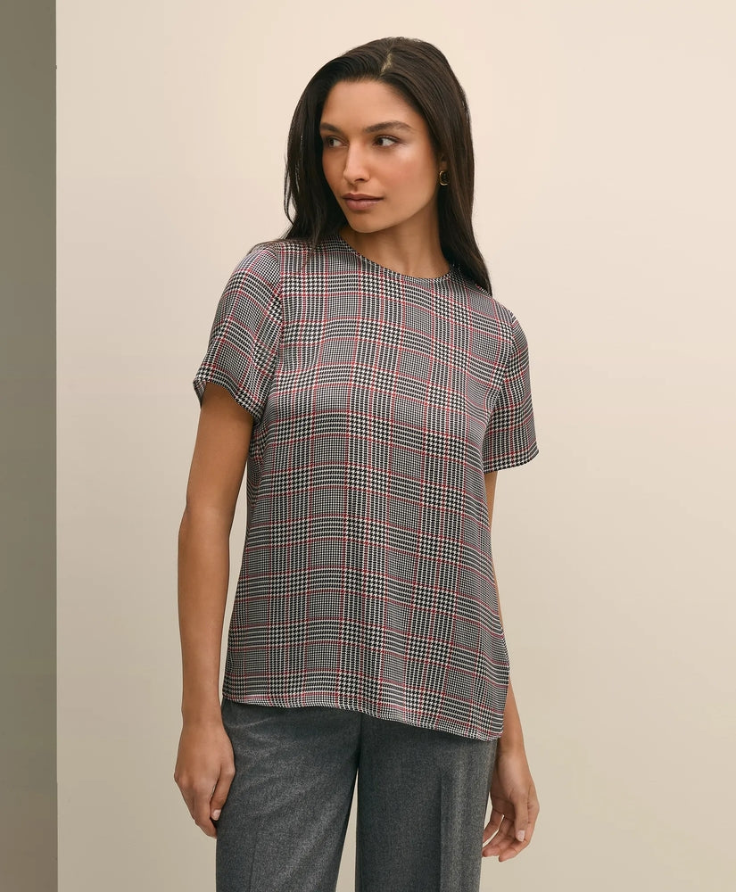 Brooks Brothers Sale Washable Silk Charmeuse Plaid Short-Sleeve Top