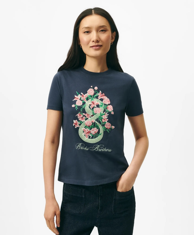 Brooks Brothers Sale Women's Lunar New Year Cotton Embroidered Bouquet Snake Motif T-Shirt