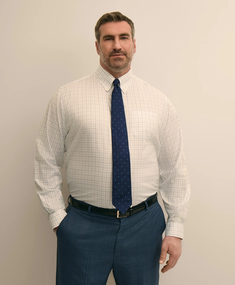 Brooks Brothers Men Big & Tall Stretch Cotton Non-Iron Pinpoint Oxford Polo Button Down, Windowpane Dress Shirt
