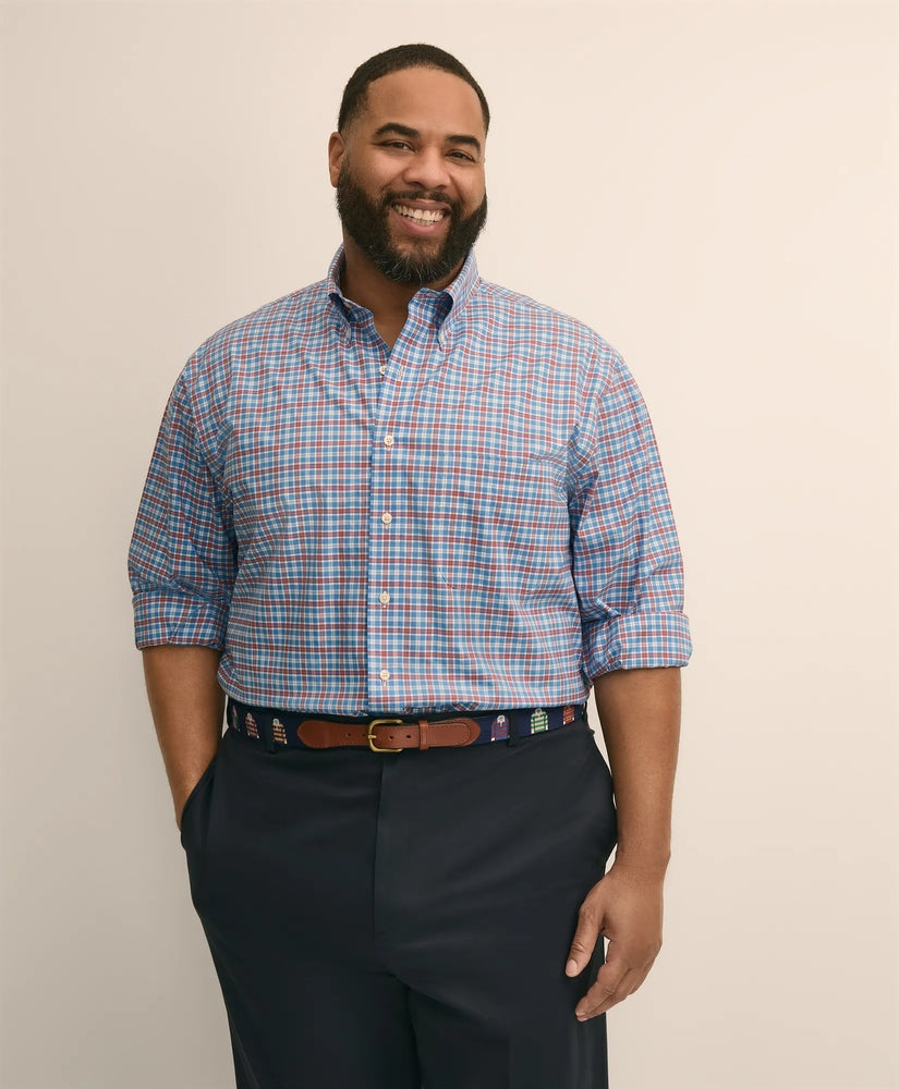 Brooks Brothers Men Big & Tall Stretch Cotton Non-Iron Poplin Polo Button Down, Check Sport Shirt
