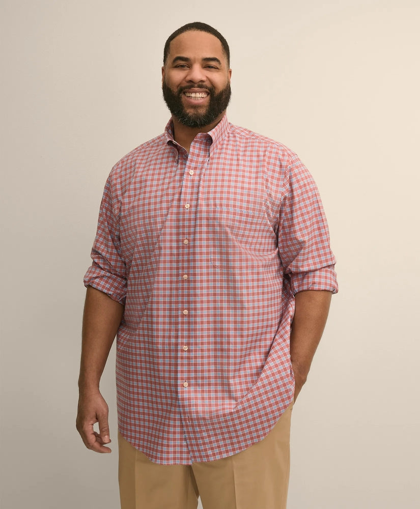Brooks Brothers Men Big & Tall Stretch Cotton Non-Iron Poplin Polo Button Down, Check Sport Shirt