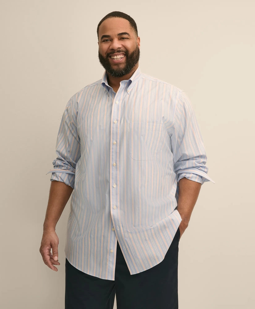 Brooks Brothers Men Big & Tall Stretch Cotton Non-Iron Poplin Polo Button Down, Stripe Sport Shirt