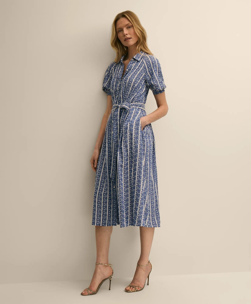 Brooks Brothers Women Chambray Floral-Stripe Embroidered Belted Shirt Dress