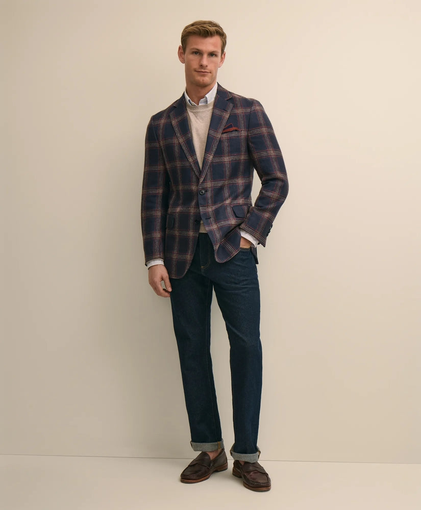 Brooks Brothers Men Classic Fit Linen-Silk-Cotton Check 1818 Sport Coat