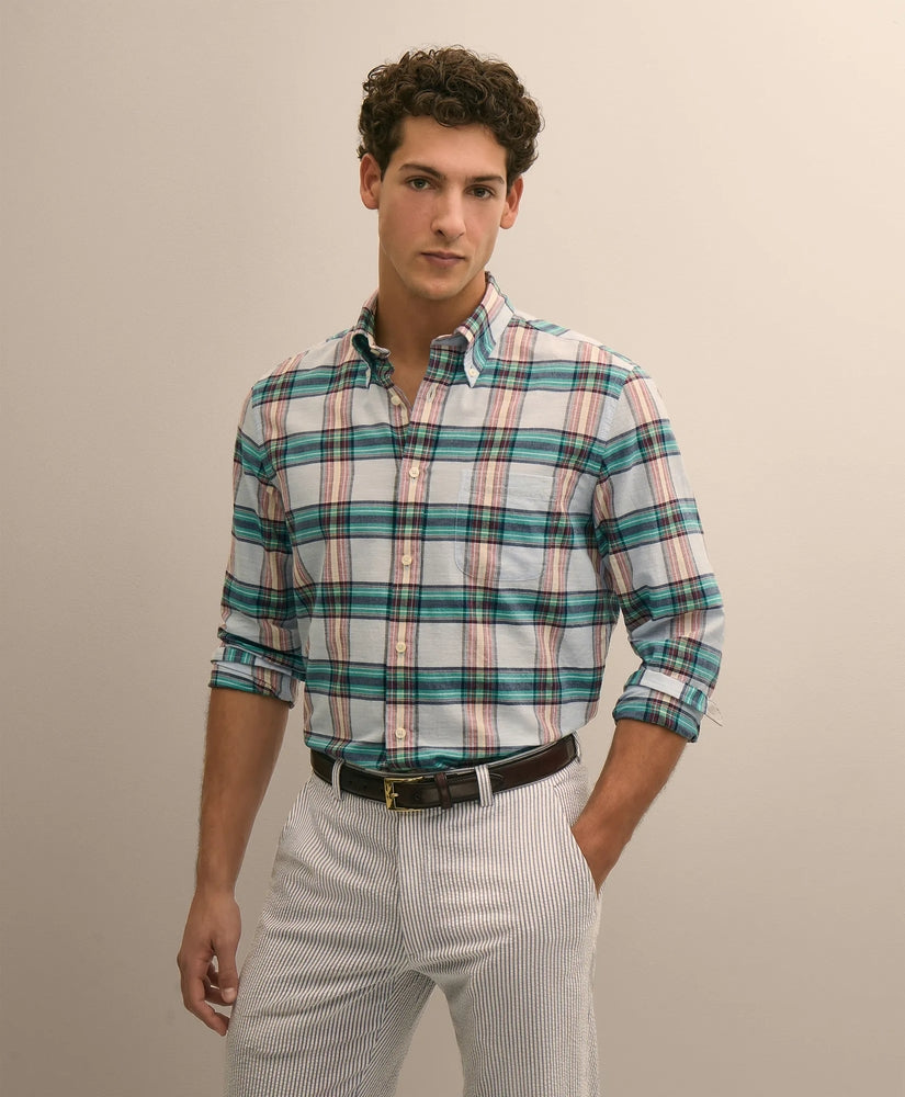 Brooks Brothers Men Cotton Madras Polo Button-Down Collar Shirt