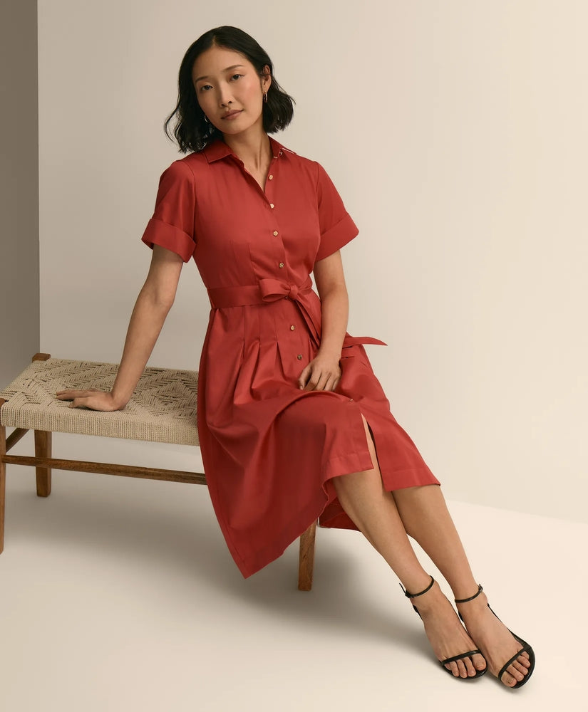 Brooks Brothers Women Cotton Sateen Short-Sleeve Belted Shirt Dress