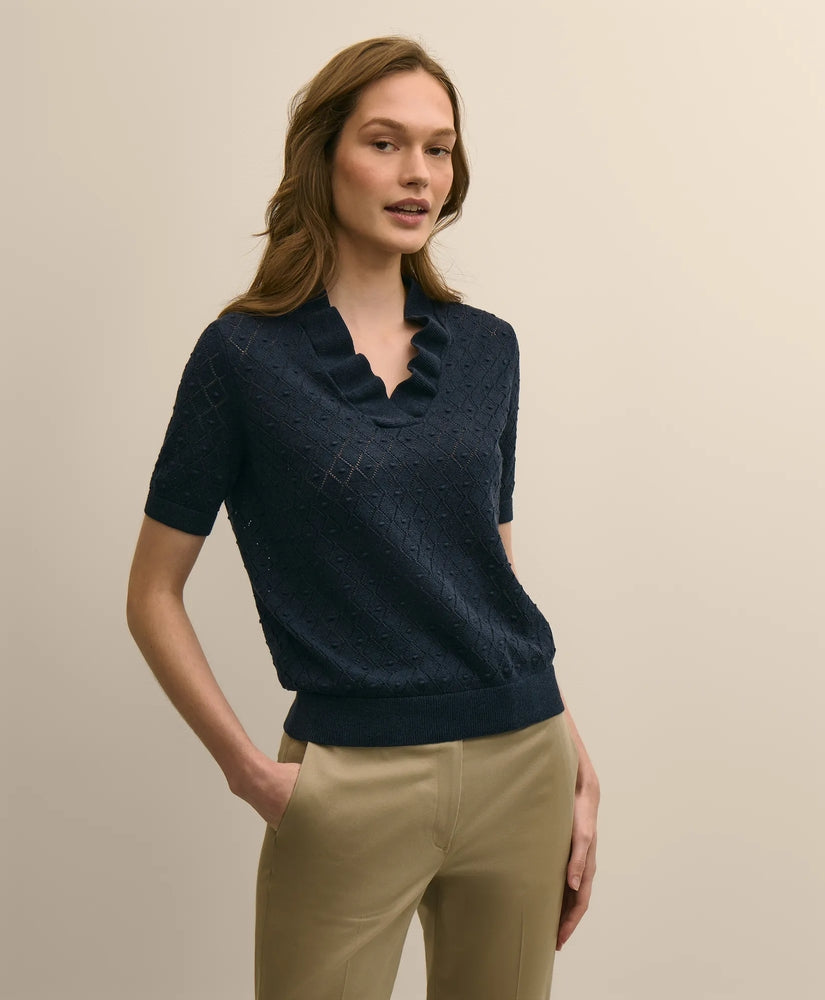 Brooks Brothers Women Cotton Viscose Short-Sleeve Ruffle Sweater