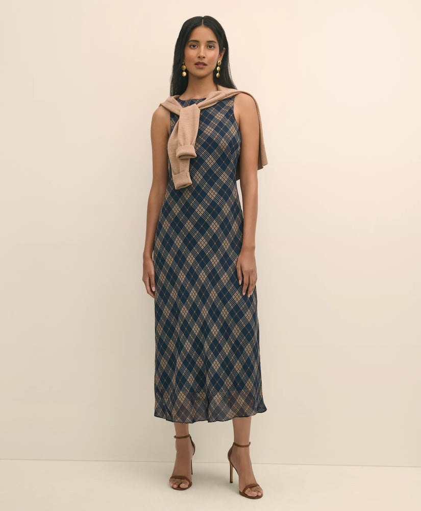 Brooks Brothers Sale Crinkle Chiffon Plaid Maxi Dress