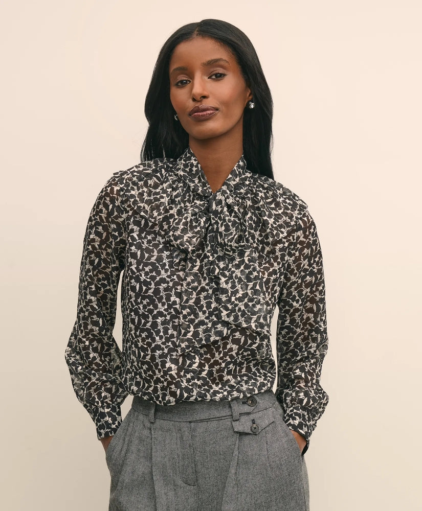 Brooks Brothers Sale Leaf-Print Jacquard Bow-Neck Blouse