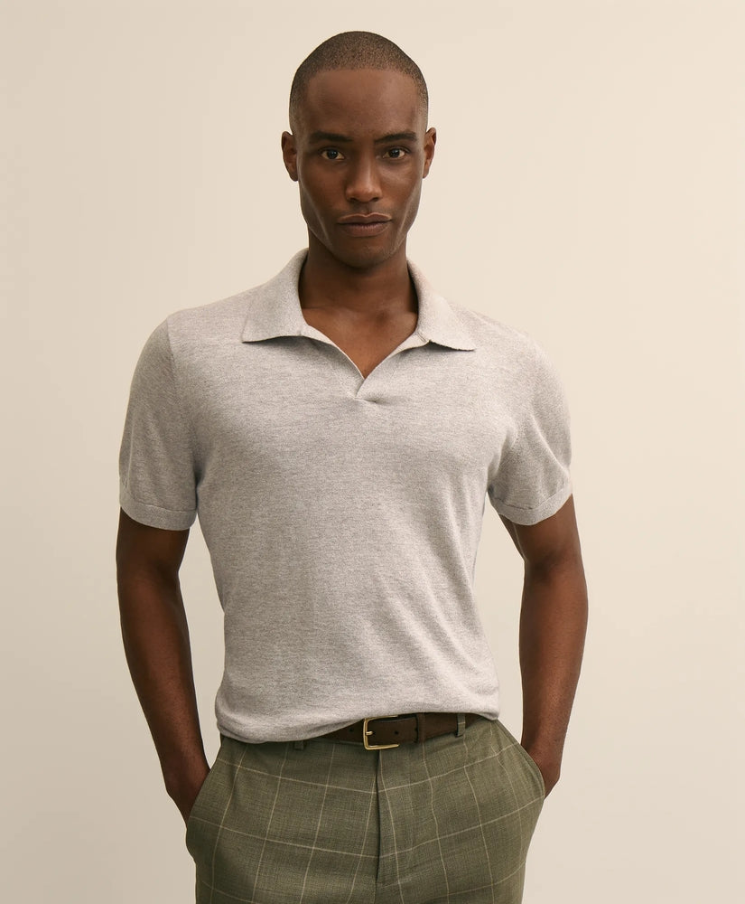 Brooks Brothers Men Linen-Cotton-Cashmere Short-Sleeve Mouliné Johnny Collar Sweater