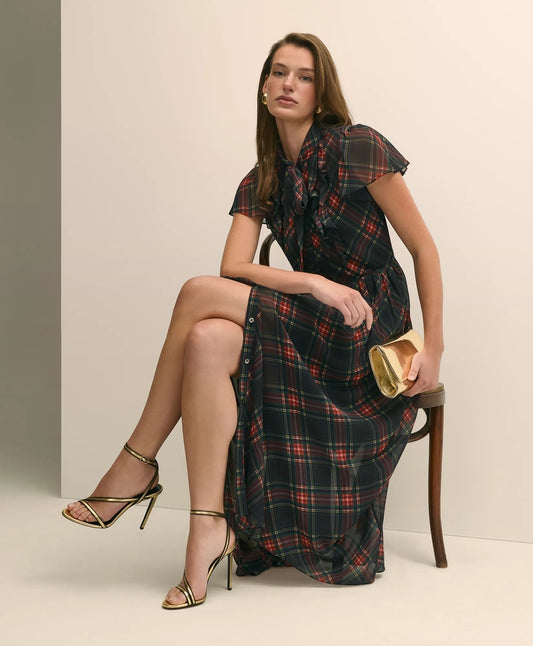 Brooks Brothers Sale Chiffon Plaid Flutter-Sleeve Maxi Dress