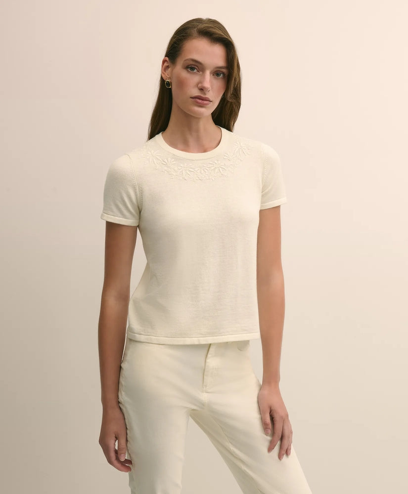 Brooks Brothers Sale Merino-Wool-Cotton Blend Floral Embellished Short-Sleeve Sweater Shell