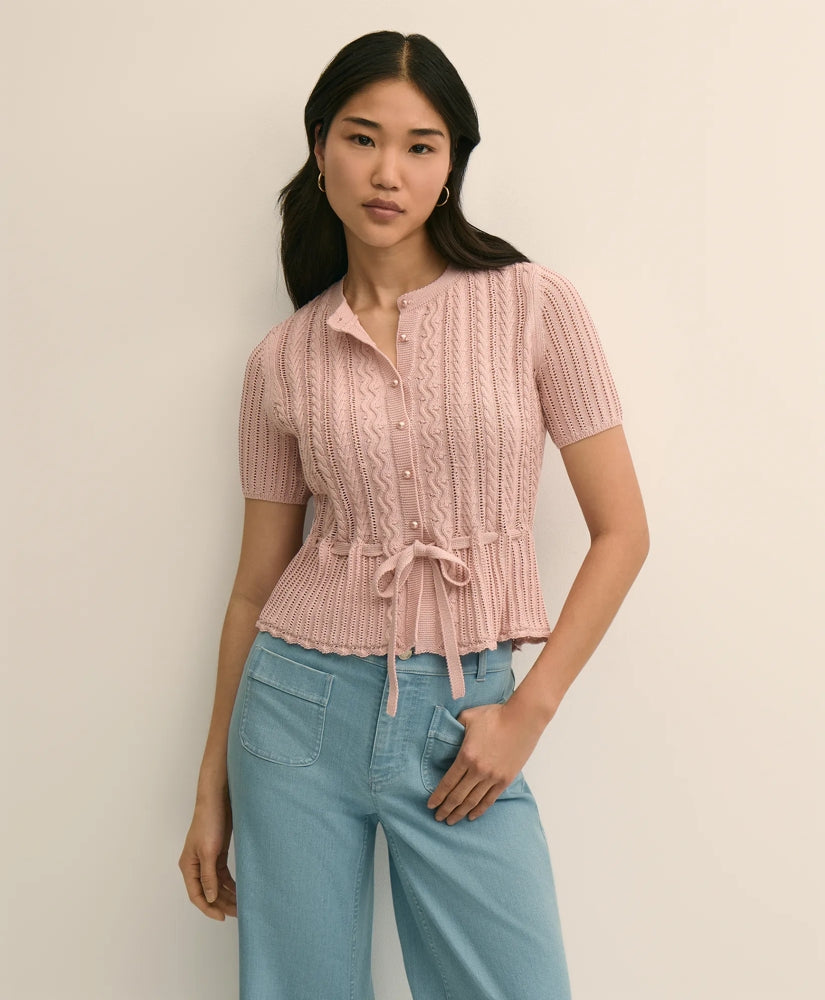 Brooks Brothers Women Short-Sleeve Pointelle Peplum Cardigan