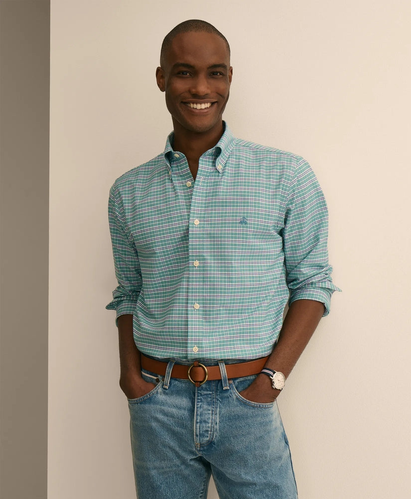 Brooks Brothers Men Stretch Cotton Non-Iron Oxford Polo Button Down Sport Shirt