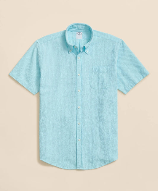 Brooks Brothers Shirts Stretch Cotton Seersucker Button-Down Collar Short-Sleeve Sport Shirt