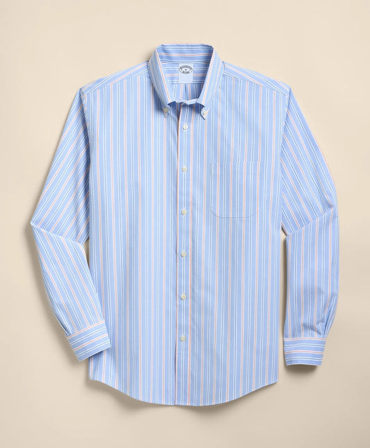 Brooks Brothers Men Stretch Cotton Non-Iron Broadcloth Polo Button-Down Collar, Stripe Sport Shirt