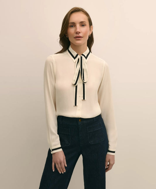Brooks Brothers Sale Viscose Contrast Tie-Neck Blouse