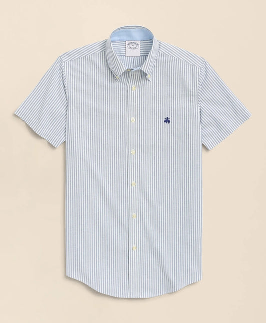 Brooks Brothers Men Stretch Non-Iron Oxford Button-Down Collar, Bengal Stripe Short- Sleeve Sport Shirt