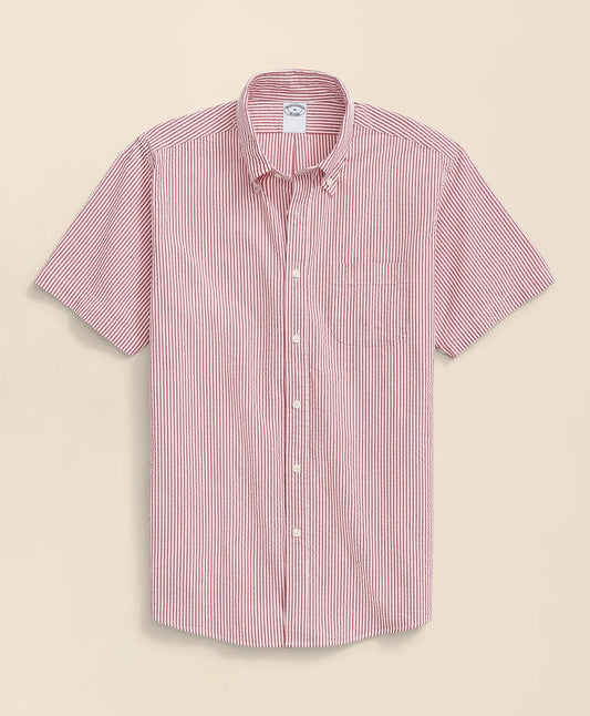 Brooks Brothers Shirts Washed Cotton Seersucker Button-Down Collar, Stripe Short-Sleeve Sport Shirt